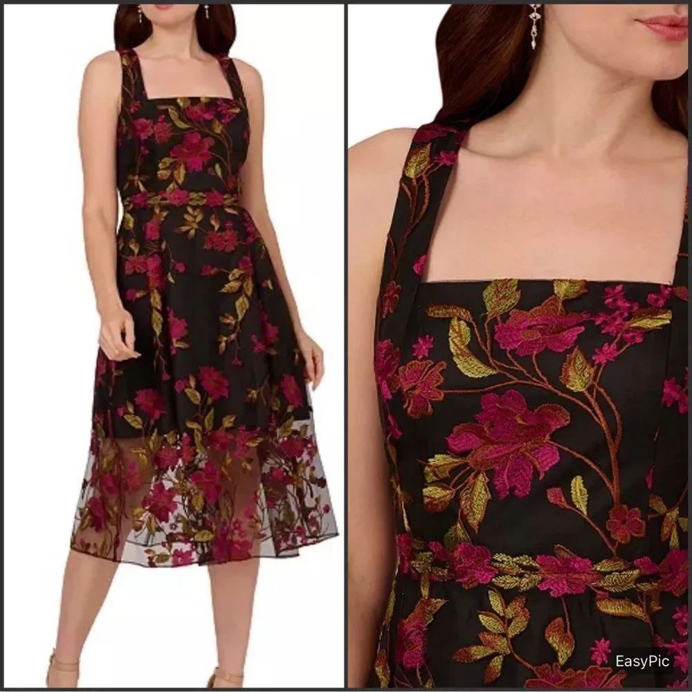 NWT Adrianna Papell Embroidered Floral Midi Dress Black Multi Size 16